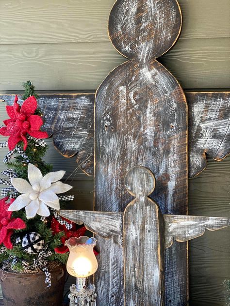 Angel Porch Leaner, Diy Wood Angel, Wooden Angels Rustic, Crafting With The Shabby Tree, Hanging Glass Candle Holders, Wood Angels, Christmas Craft Show, Diy Angels, Hanging Candle Holder