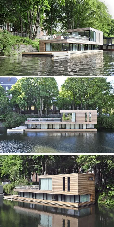 11 Awesome Examples Of Modern Houseboats House Boats, Water House, Building A Container Home, Container Architecture, Floating House, Container House Design, House Architecture Design, Home Fashion, Amazing Architecture