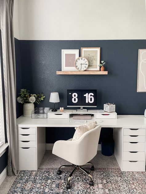 Office Makeover Downstairs Office Ideas, Banker Desk Decor, Small Home Office Ikea, Small Office Home Office Design, Bedroom Office Wall Ideas, Blue Home Office Design, Home Office Colour Ideas, Study Desk Ideas Bedroom, Home Office Makeover Ideas