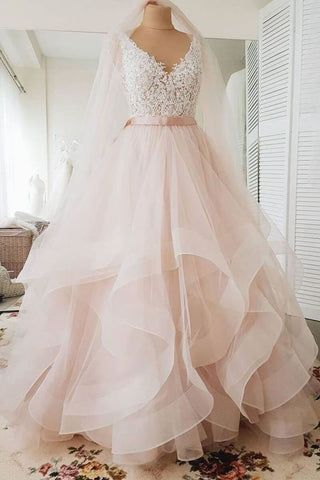 Blush Pink Lace Wedding Dress Multi-Layered Wedding Gowns with Ribbon – Simibridaldresses Pink Lace Wedding Dress, Punk Wedding Dresses, Layered Wedding Dresses, Puffy Wedding Dresses, Long Gown For Wedding, Blush Wedding Gown, Blush Pink Wedding Dress, Pink And White Weddings, Blush Wedding Dress