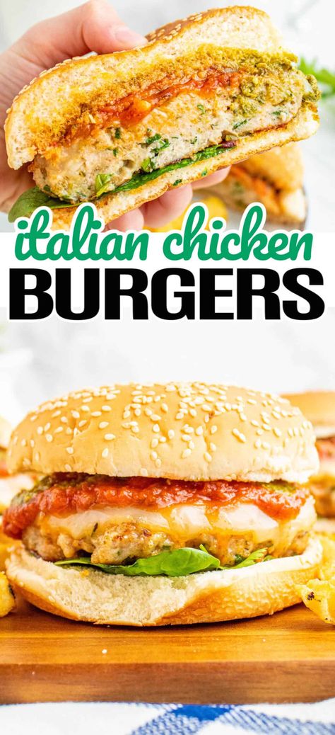 Mouthwatering Italian Chicken Burgers are CRAZY delicious! Your family will flip for this healthy burger recipe any night of the week! #Realhousemoms #italian #chickenburger #healthyburger #burger #summertime #summer #grilling #bbq #maindish #4thofjuly #laborday Ground Chicken Burger Recipes, Grilled Chicken Burger Recipe, Chicken Burger Recipe Healthy, Chicken Burgers Ground, Chicken Burgers With Feta, Chicken Parmesan Burgers, Grilled Chicken Burgers Ground, Chicken Pesto Burger, Cheeseburger Recipes Homemade