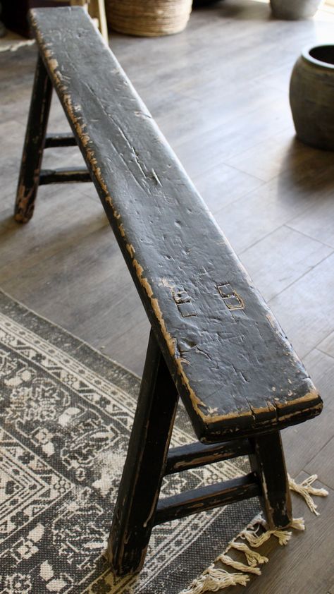 Truly incredible handcrafted weathered black wooden vintage bench! *Although sizes will vary, this product measures approximately from 52” long x 19” tall x 5.5” wide.” Every bench is handcrafted, and though they are similar in size and appearance, they are as different as snowflakes. **This item is considered vintage, Antique Bench Coffee Table, Old Benches, Wabi Sabi Interior, Vintage Furniture Design, Vintage Bench, Rustic Bench, Primitive Furniture, Farmhouse Furniture, Wooden Stools