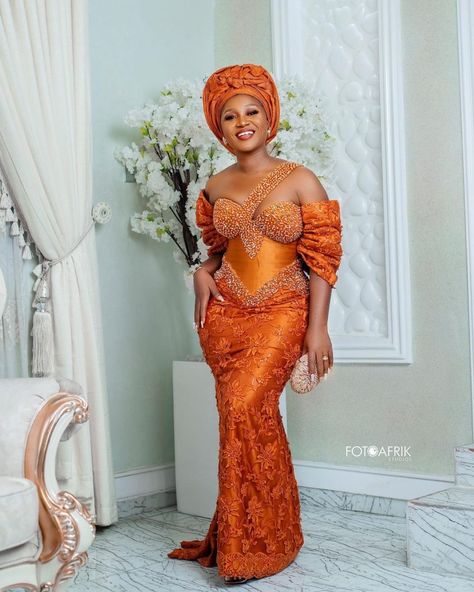 AsoEbiBella.com presents – Aso Ebi Style We Love -Vol. 398 | BellaNaija Burnt Orange Lace Dress, Asoebi Dress, Aso Ebi Dresses, Aso Ebi Style, Dress With Applique, Aso Ebi Lace, Aso Ebi Lace Styles, Orange Lace Dress, Nigerian Dress