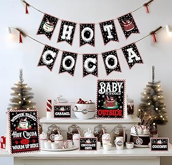 Hot Chocolate Bar Baby Shower Ideas, Hot Chocolate Bar Decor, Wonderland Christmas Decorations, Winter Wonderland Christmas Decorations, Hot Cocoa Bar Decor, Baby Shower Winter Wonderland, Christmas Eve Ideas, Christmas Hot Chocolate Bar, Christmas Decorations Party