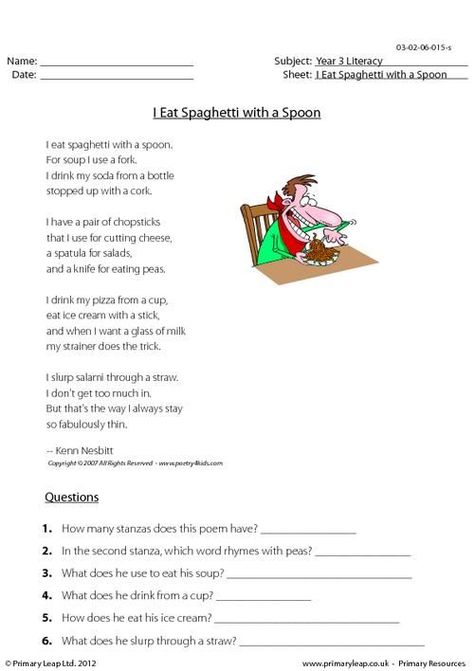 This English worksheet includes a poem titled 'I Eat Spaghetti With A Spoon' with a funny image. Children read through the poem and then answer 6 accompanying study questions at the end. A great activity to help your student's comprehension skills! Poetry Comprehension Worksheets, Poetry Comprehension, English Creative Writing, Poem Titles, Cloze Activity, Free Worksheets For Kids, Funny Poems, Student Information, Free Worksheets