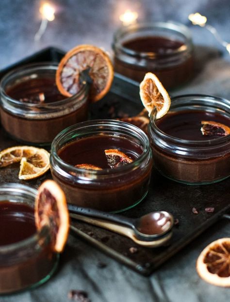 Festive Chocolate Orange Ganache Pots (vegan & gluten free) Chocolate Orange Ganache, Orange Ganache, Seasonal Vegan Recipes, Vegan Cheese Recipes, Vegan Gluten Free Desserts, Chocolate Festival, Ganache Recipe, Healthy Vegan Desserts, Vegan Christmas