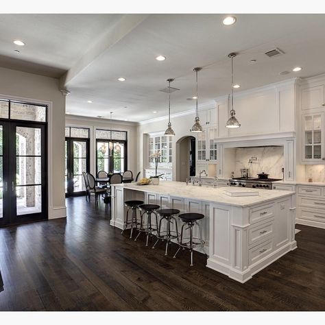 Love the contrast of white and dark wood floors! By Simmons Estate Homes Desain Pantry, Dark Wood Floors, White Kitchen Design, Transitional Kitchen, Cool Ideas, Counter Space, White Kitchen Cabinets, Large Kitchen, Traditional Kitchen