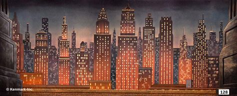 Crazy for You Theatrical Backdrop Rentals by Kenmark Scenic Backdrops Art Deco New York, Set Theatre, Theatre Backdrops, City Backdrop, New York Theme, City At Night, Stage Backdrop, Nyc Skyline, Theatre Set