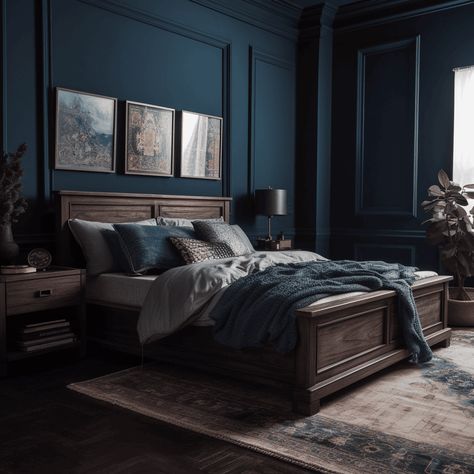 13 Stunning Dark Wood Bedroom Ideas To Create A Cozy & Inviting Space - Bedroom Paint Ideas With Dark Furniture, Dark Walls Light Furniture Bedroom, Blue Bedroom With Dark Wood Furniture, Blue Dresser Bedroom Ideas, Navy Masculine Bedroom, Navy Wood Bedroom, Dark Wood Bedroom Furniture Wall Color, Modern Blue Bedroom Ideas, Stormy Blue Bedroom