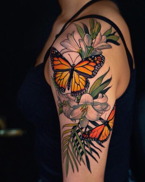 Monarch Butterflies Tattoo, Butterfly Tattoo Sleeve, Monarch Tattoo, Monarch Butterfly Tattoo, Butterfly With Flowers Tattoo, Butterflies Tattoo, Insect Tattoo, Underboob Tattoo, Skeleton Hand Tattoo