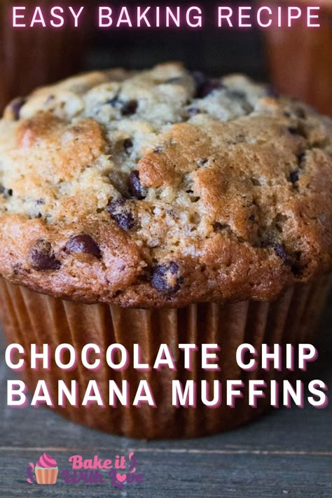 Chocolate chip banana muffins are super easy to make and studded with delicious chocolate chips in every bite! The moist and tender muffins have a wonderful texture and flavor that is sure to make them a family favorite in your home as well! Double the batch and pop the extras into the freezer for a super easy on-the-go breakfast any day of the week! BakeItWithLove.com #bakeitwithlove #banana #chocolatechip #muffins #bananamuffins #chocolate #breakfast #snack #recipe Moist Banana Chocolate Chip Muffins, Easy Banana Chocolate Chip Muffins, Bowl Method, Moist Banana Muffins, Chocolate Chip Muffins Recipe, Chocolate Chip Banana Muffins, Choc Chip Muffins, Chocolate Banana Muffins, Banana Muffin Recipe