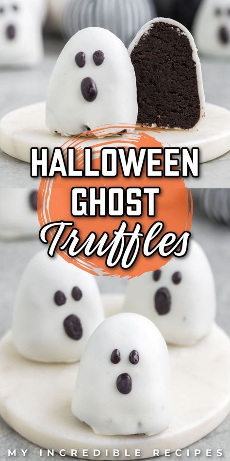 Halloween Ghost Truffles are whimsically spooky confections that perfectly blend the joy of crafting with the delight of indulgence. These treats feature creamy truffle centers enrobed in white chocolate, skillfully decorated to resemble adorable edible ghosts. Making them is a creative and enjoyable activity that results in irresistibly delicious, eerie-sistible treats for Halloween celebrations. Try this now! White Chocolate Halloween Treats, Halloween Ghost Food Ideas, Oreo Truffles Halloween, Ghost Oreo Balls, Halloween Truffle Ideas, Halloween Oreo Truffles, Halloween Treats For Work, Edible Ghosts, Savory Halloween Treats