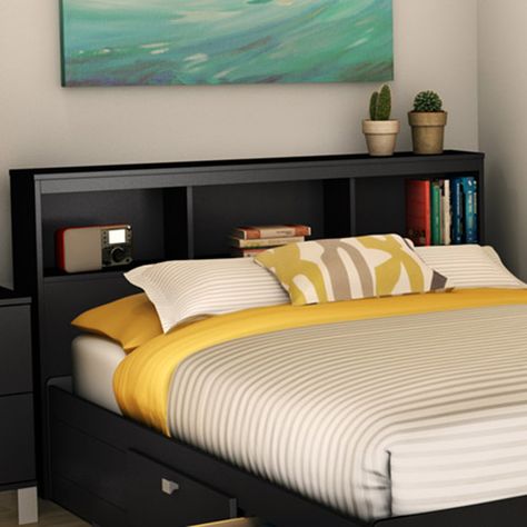 South Shore Spark Collection Full 54" Bookcase Headboard, Pure Black - Walmart.com Bed Design For Small Room, Design For Small Room, Bookcase Headboard Queen, Simple Bed Design, Queen Size Storage Bed, Brown Bookcase, Bookshelf Headboard, Headboard With Shelves, Colorful Headboard