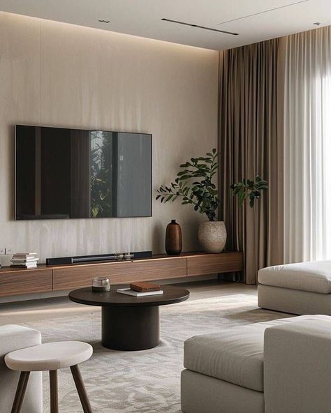 Luxury Minimalist Apartment, Decorations Ideas For Living Room, Tv Wall With Pictures, Neutral Living Room Tv Wall, High Ceiling Living Room Tv Wall, Living Room With Tv Decor, Living Con Tv, Minimalism Interior Living Room, Living Room With Tv On Wall