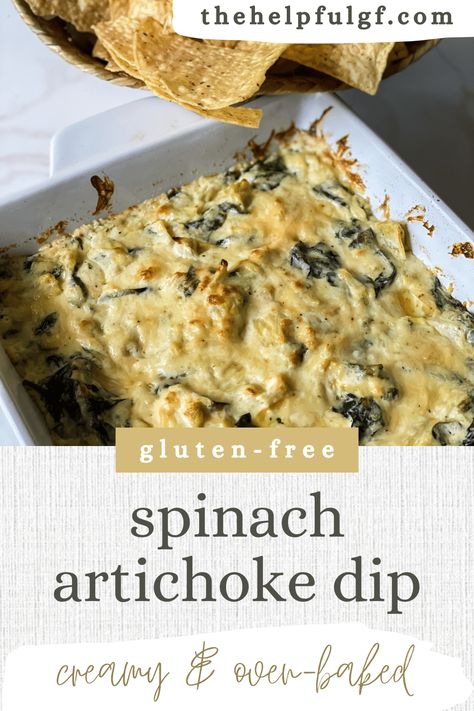 Oven Baked Gluten Free Spinach Artichoke Dip Gluten Free Spinach Artichoke Dip, Favourite Appetizer, Hot Spinach Dip Recipe, Dips And Appetizers, Gluten Free Dips, Baked Spinach Artichoke Dip, Hot Spinach Dip, Gluten Free Party Food, Gluten Free Party