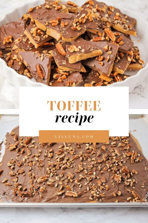 This classic toffee recipe is the perfect homemade treat. With crunchy pecans and chocolate, it's simply delicious! #toffee #homemadetoffee #toffeerecipe #homemadecandy #candy Candied Recipes, Homemade Toffee Recipe, 2023 Cookies, 2023 Thanksgiving, Food Bites, Adele Weight, Homemade Toffee, Lil Luna, Toffee Recipe