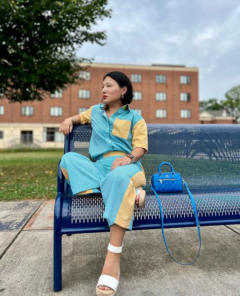 Say it with stripes 🦓⁠ ⁠ We just love this gorgeous coord set from @knottygnome in our stripey cotton poplin. Sara paired our yellow and turquoise fabrics with the New Look 6561 top and Simplicity 9146 pants to create this fab outfit⁠ ⁠ Head to Minerva for more details on Sara's makes and for a closer look at all the colours in this super fabric range⁠ ⁠ Fabric: Minerva Core Range 100% Cotton Poplin (EM-8324C-Turq)⁠ Patterns: New Look 6561 & Simplicity 9146⁠ ⁠ #Minerva #MinervaMakes #MinervaM... Yellow And Turquoise, Turquoise Fabric, Coord Set, Handmade Fashion, Cotton Poplin, Dressmaking, Just Love, All The Colors, New Look