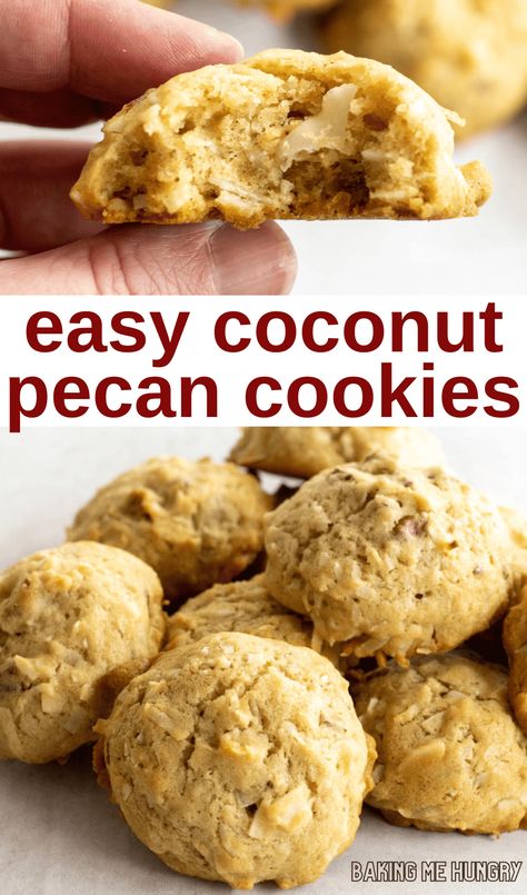 This easy Coconut Pecan Cookie Recipe has simple ingredients but tons of flavor. Salty pecans plus sweet coconut result in the perfect cookie! Honey Cookies Recipe, Coconut Pecan Cookies, Almond Butter Oatmeal, Pecan Cookie, Chocolate Chip Pecan Cookies, German Baking, Butter Pecan Cookies, Honey Cookies, Coconut Pecan