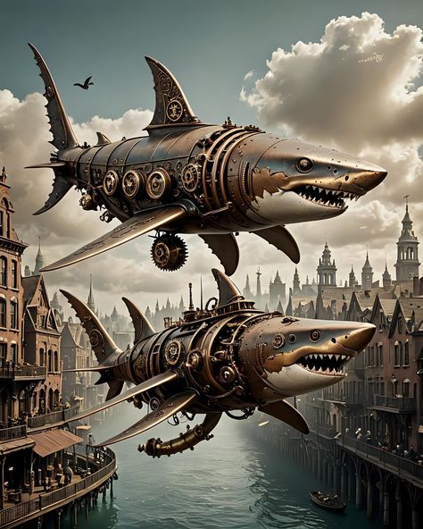 🤖🦾🔮A steampunk take on a surreal concept. Wild animals made mechanically flying through the sky above a cityscape of steampunk theme also ! ⁉️ Do we like this new concept / theme ⁉️💥. I’d really appreciate some feedback on these ideas so I can dive deeper if they are as liked as I like creating them 😊. #steampunk #flyingbeast #lion #panther #sharks #seals #aiart #aiartcommunity #nft #AIart #digitalart #generativeart #artificialintelligence #artoftheday #aiartoftheday #aiartist #dalle #midjo... Steampunk Plane, Steampunk Helicopter, Steampunk Airplane, Steampunk Whale, Steampunk Shark, Steampunk Blimp, Steampunk Angler Fish, Steampunk Robot, Mechanical Animals