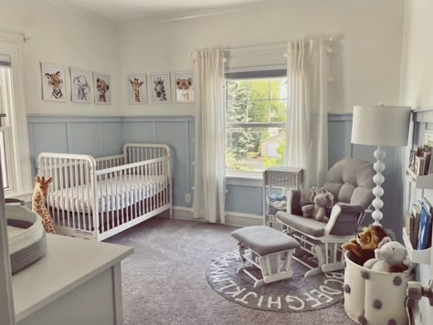 Blue Nursery Board And Batten, Blue Nursery Ideas Gender Neutral, Blue Jungle Nursery, Light Blue And Grey Nursery, Cream And Blue Nursery, Blue Panelling Nursery, Light Blue And Green Nursery, Shades Of Blue Nursery, Light Blue Nursery Ideas