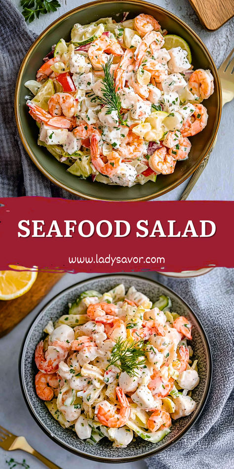 Seafood Salad Crunchy Vegetables, Creamy Dressing, Seafood Salad, Summer Gathering, Yummy Appetizers, Light Recipes, Seafood, Side Dishes, Salad