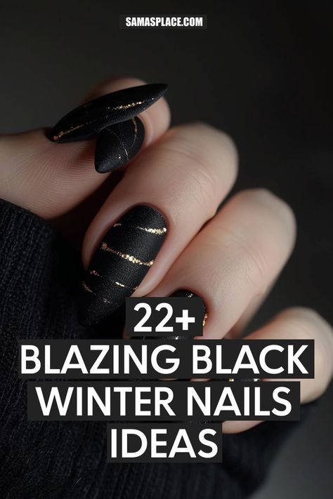 A matte black base with minimalist silver lines for a chic, modern look. The stiletto shape and simple design make it a versatile winter style. Stiletto Holiday Nails, Black Holiday Nail Designs, Winter Nails Stiletto, Black Winter Nails, Sparkly Black Nails, Black Sparkle Nails, Black Christmas Nails, Black Silver Nails, Nails For 2023