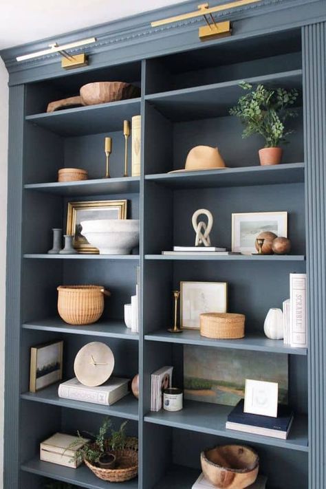 20 Transitional Shelf Styling Ideas » Lady Decluttered Transitional Shelf Decor, Bookshelves Painting Ideas, Large Shelf Decorating Ideas, How To Decorate Shelves In Living Room, Shelving For Closets, Pastel Blue Living Room, Top Of Bookshelf Decor, Blue Shelf Decor, Blue Bookshelves