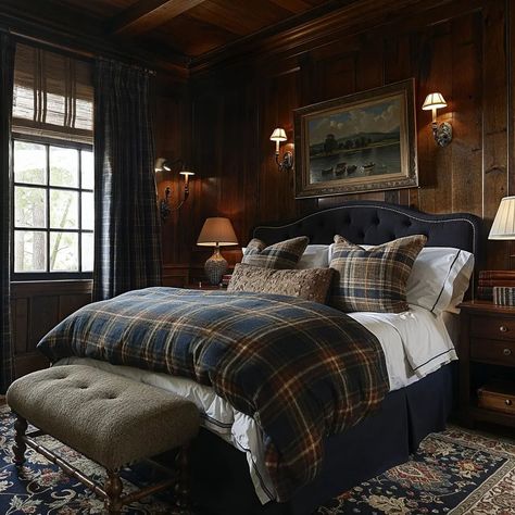 Bedroom Decor Classic Style, Ralph Lauren Cabin Interiors, Scottish Bedroom Ideas, Ralph Lauren Bedroom Ideas Inspiration, Quiet Luxury Bedroom, Scottish Interior Design, Mountain Cabin Bedroom, English Style Bedroom, Scottish Bedroom