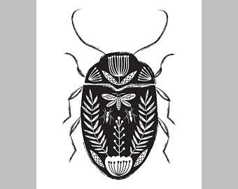 Folk Art Illustration, A5 Frame, Beetle Illustration, Botanical Book, Folk Art Design, Bug Art, Linocut Art, Beetle Bug, Insect Art