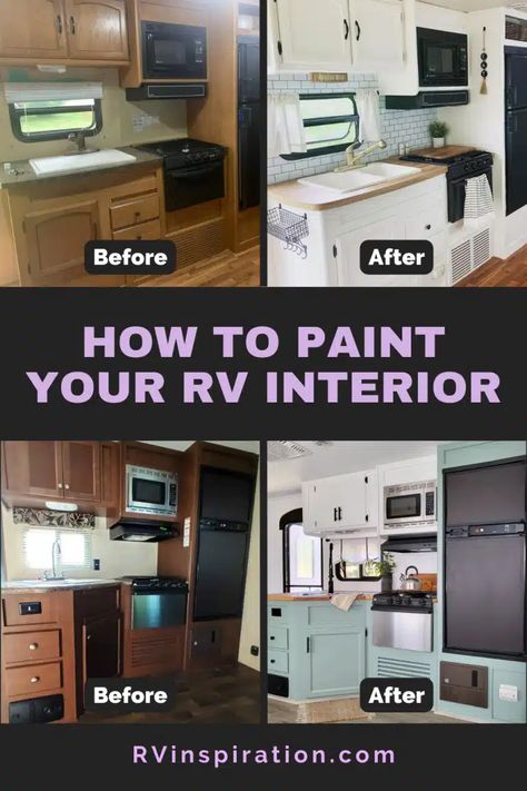 Everything you need to know about how to paint RV interior cabinets and walls, including how to prep fake wood for painting, how to paint RV wallpaper, the best type of primer to use on RV cabinets, which paint to choose, how to paint an RV ceiling, tips from professional RV renovators, mistakes to avoid, and much more. | rvinspiration.com #RVpainting #RVRenovation #RVMakeover Painting Rv Walls, Painting Fake Wood, Rv Wallpaper, Paint Rv, Rv Cabinets, Motorhome Interior, Rv Interior Remodel, Fake Wood, Camper Trailer Remodel