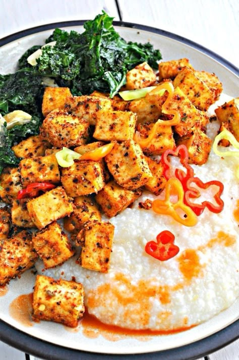 Cajun Tofu, Grits And Greens, Vegan Cajun, Creamy Grits, Tofu Recipes, Vegan Condiments, Tempeh, Vegan Foods, Vegetarian Meals