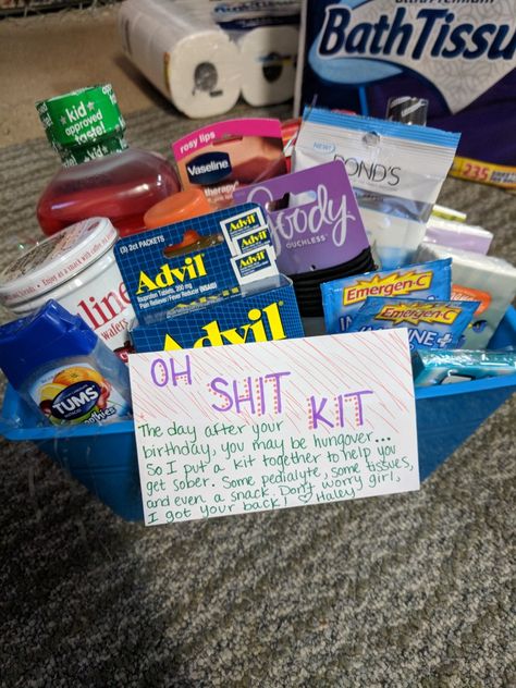 Hangover Care Package, Hungover Kit, Hungover Aesthetic, Cheer Good Luck Pins, Hangover Kit 21st Birthday, Birthday Care Packages, Cabin Trip, Presents Ideas, Vsco Aesthetic