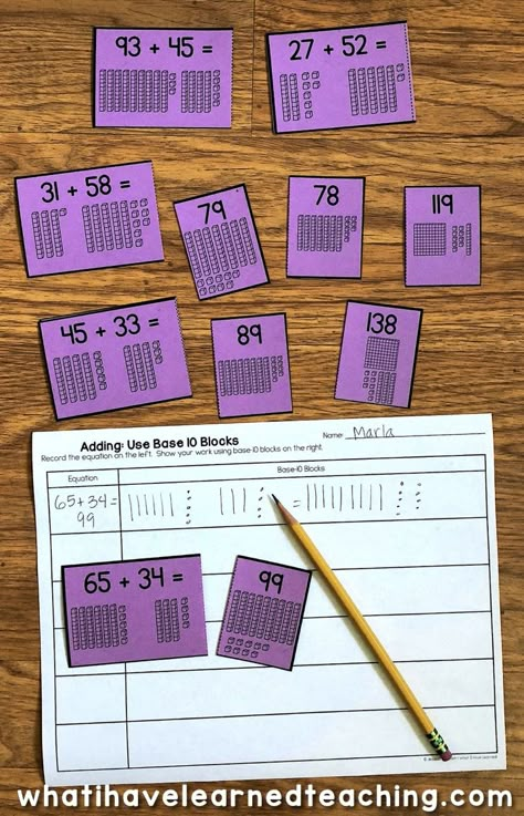 These Two-Digit Addition Math Stations help students use models and addition strategies such as a number line, breaking apart the addends, and base-10 blocks. They are easy to print, laminate, and cut apart and last year after year. Addition With Base Ten Blocks, Adding 2 Digit Numbers Activities, Adding 3 2 Digit Numbers, Year 2 Addition, Base 10 Activities, 2 Digit Addition And Subtraction Games, Two Digit Addition Games, Break Apart Strategy Addition Activities, 2 Digit Addition Strategies