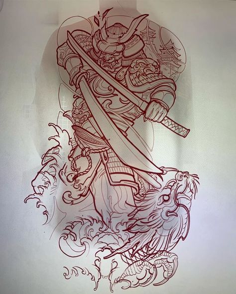 Japanese Warrior Tattoo Design, Warrior Tattoo Design, Tato Irezumi, Japanese Warrior Tattoo, Bodysuit Tattoos, Samurai Warrior Tattoo, Samurai Tattoo Design, Dragon Sleeve Tattoos, Kunst Tattoos