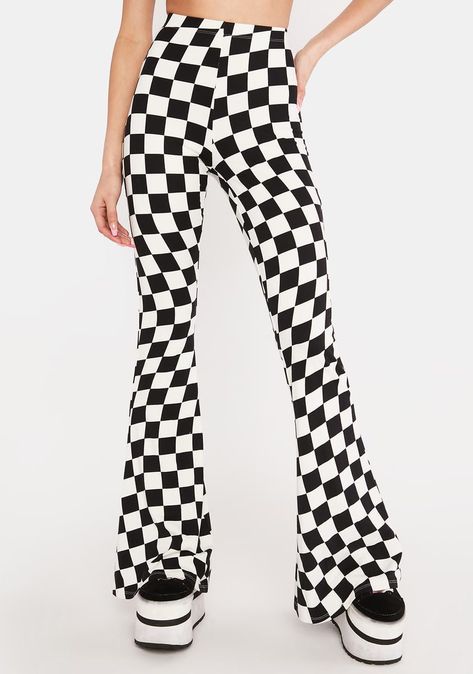 Wavy Checkerboard, Checker Board, Checkered Pants, Checkered Print, Trendy Street Style, Punk Outfits, Print Bodysuit, Denim Flares, Bell Bottom