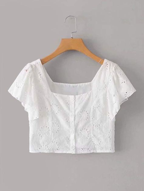 Thrifting Inspiration, White Blouses, Butterfly Sleeve, Crop Top Outfits, Cropped Tops, Butterfly Sleeves, Top Design, Shein Style, Blouse Design