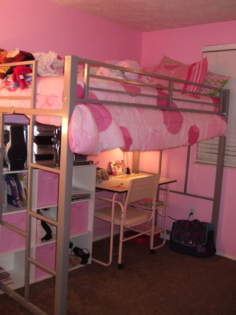 Pink Bedroom with Loft Bed. Desk added under bed. Pink Loft Bed, Bedroom With Loft Bed, Loft Bed Bedroom Ideas, Loft Bed Bedroom, Bunk Beds For Girls, Bunk Beds With Desk, Desk Under Bed, Bedroom With Loft, Beds With Desk