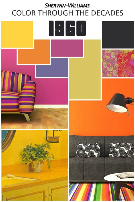 We’re celebrating our 150th anniversary by taking a look back at color throughout the decades. Loved the 1960s? So did we! Paisleys met geometrics, boldly marking the decade of peace, love and rock ‘n’ roll. Want to add  a bit of this bright, modern palette to your home? Try Navel SW 6887, Daisy SW 6910, Exuberant Pink SW 6840 and Forget Me Not SW 6824. Vintage Colour Palette, Modern Palette, Retro Color Palette, Mid Century Interior, Through The Decades, Sherwin Williams Colors, Colour Board, Retro Color, Retro Decor