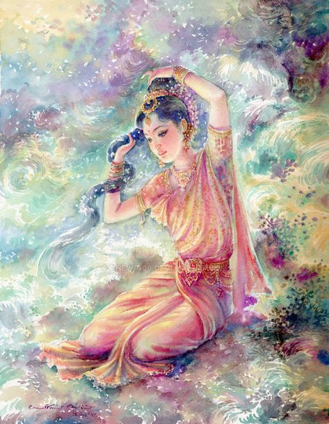 Arte Yoga, Indian Women Painting, Hinduism Art, Hindu Mythology, Feminine Art, Thai Art, Mythology Art, Indian Paintings, Goddess Art