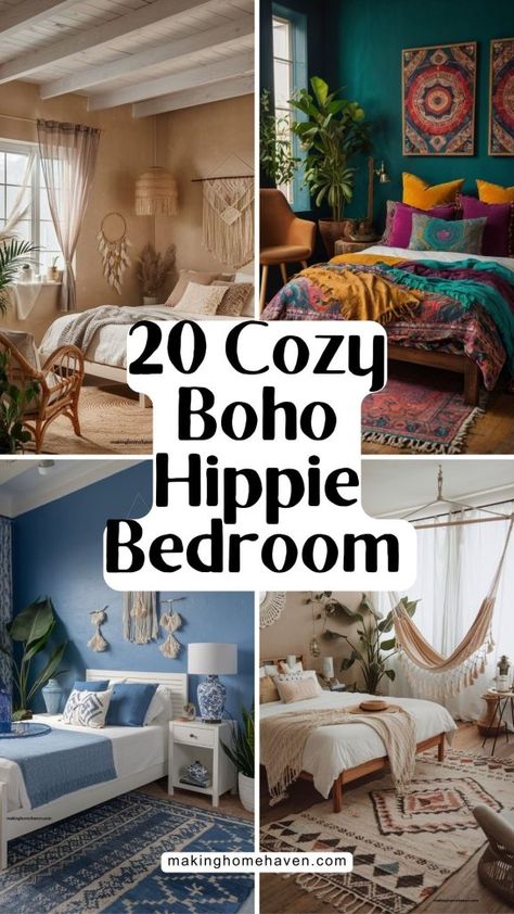 cozy boho hippie bedroom, bohemian bedroom Guest Bedroom Ideas Boho, Room Inspiration Bedroom Boho, Tiny Boho Bedroom, Boho Master Bedrooms Decor, Colorful Bohemian Bedroom Decor, Boho Hippie Bedroom, Boho Room Inspiration, Colorful Boho Bedroom, Hippy Bedroom