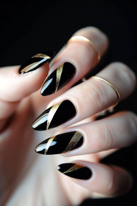 Black Nails With Gold Foil Flakes, Black And Golden Nail Art, Black Golden Nails, Black And Golden Nails, Black Gold Nail Art, Gold And Black Nails, Golden Nail Art, Black Gold Nails, Golden Nails