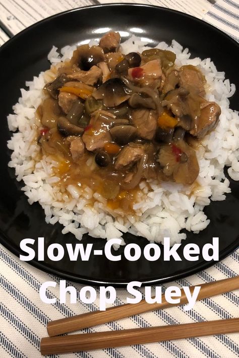 This Slow-Cooked Chop Suey over Rice is like a bowl of soft, pillowy, homemade goodness!! Tender pork with a variety of different vegetables makes this easy slow cooker recipe a perfect weeknight dish. Pork Chop Suey Recipe Crock Pot, Crockpot Chop Suey Slow Cooker, Homemade Chop Suey, Chop Suey Recipe Pork, Slow Cooker Chop Suey, Crock Pot Chop Suey, Crockpot Chop Suey, Pork Chop Suey Recipe, Chop Suey Sauce