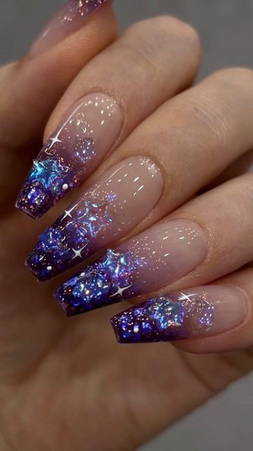 Night Inspired Nails, Cellophane Nails, Milky Way Nails, Purple And Blue Nails, Cosmic Nails, Galaxy Nail Art, Witchy Nails, Galaxy Nails, Ombre Acrylic Nails