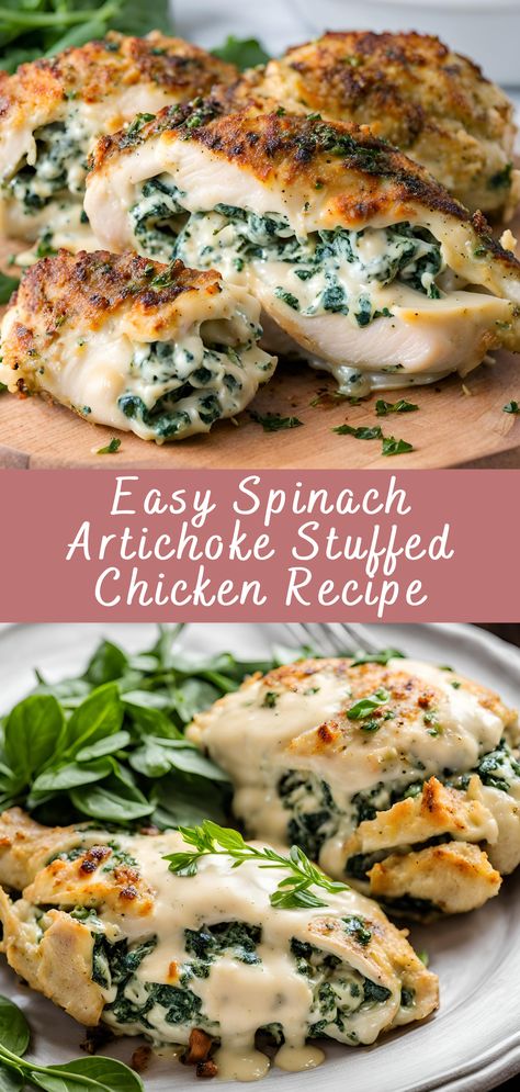 Easy Spinach Artichoke Stuffed Chicken Recipe | Cheff Recipes Chicken Stuffed Spinach Artichoke, Spinach Artichoke Meals, Cranberry Spinach Brie Stuffed Chicken, Spinach Stuffed Chicken Recipes, Stuffed Chicken Dinner Recipes, Chicken With Spinach Artichoke Dip, Chicken And Artichokes Recipes, Chicken Artichoke Recipes Healthy, Recipes Using Artichokes