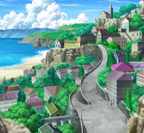 Pokemon Towns, Pokemon Beach, Pokemon Locations, Kalos Region, Pokemon Kalos, Pokemon Rpg, Ancient Chinese Architecture, Fantasy Town, Pokemon Backgrounds