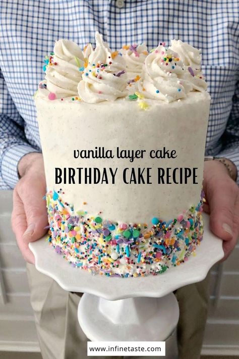 vanilla layer cake on white platter. Light Vanilla Cake, Easy White Cake Recipe, Vanilla Layer Cake, Vanilla Buttercream Icing, Homemade Buttercream Frosting, Perfect Chocolate Cake, Vanilla Birthday Cake, Lemon Poppyseed Cake, Layer Cake Recipes