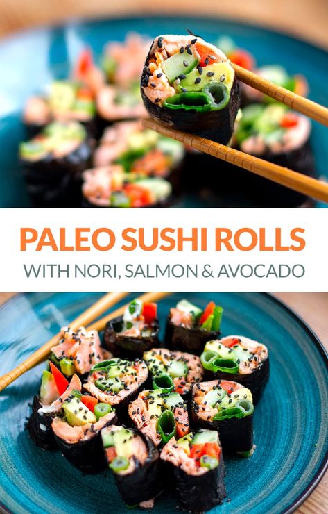 Paleo Sushi Rolls - Healthy Homemade Recipe Using Nori Seaweed Sheets, Salmon & Avocado #paleo #paleorecipes #paleosushi #sushi #healthysushi #sushirecipe #salmon #nori #norirolls #lowcarb #keto #avocado #lunch #healthy #healthyeats Paleo Sushi, Nori Rolls, Healthy Sushi, Bread Alternatives, Keto Lunch Ideas, Salmon Avocado, Paleo Lunch, Sushi Roll, Healthy Homemade Recipes