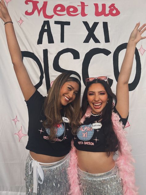 Disco Theme Bid Day, Alpha Xi Delta Bid Day, Disco Bid Day, Pink Sun Glasses, Pink Boa, Disco Theme, Sorority Bid Day, Bid Day Themes, Alpha Xi Delta