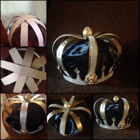 Handmade crown with cardboard paper, tread, hot glue, fabric, and with plastic and metal gems... Diy Large Crown Prop, How To Make A Crown Out Of Cardboard, Handmade Crowns Paper, King Crown Diy, Diy Crown Queen, Types Of Crowns, Cardboard Crown, Crown Decorations, Crown Centerpiece