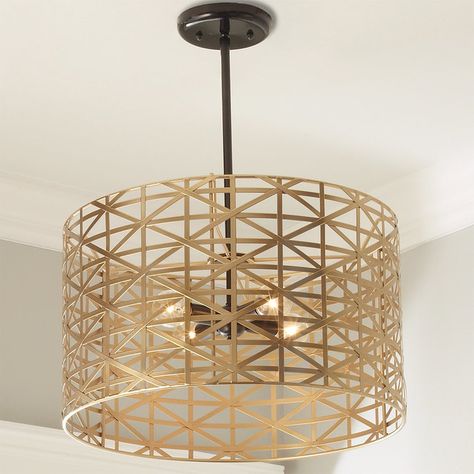 A Young House Love favorite just got better! You asked for more light and we listened! We've kept the seven fun Young House Love colors, the metal strap cage in the shape of a drum shade, and added a spoke wheel shaped 4-light cluster for maximum lighting! Hang it as a semi flush mount ceiling light, pendant or chandelier. Find the YHL color that makes you smile, available in Hello Sunshine; Tangerine Red; Navy, Baby; Snow Day; Turquoise Sky and Midnight with Nickel hardware or Metallic Gold ... Office Update, Light Bed, Foyer Light, Entryway Chandelier, Devine Design, Bird Nursery, Young House, Young House Love, Foyer Lighting